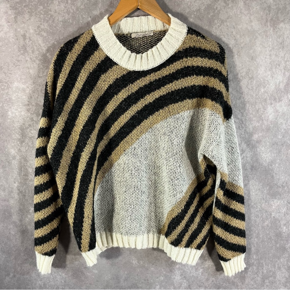 Niccolai Sweater Womens Large Made in Italy Mohair Knit Beige Black White Stripe